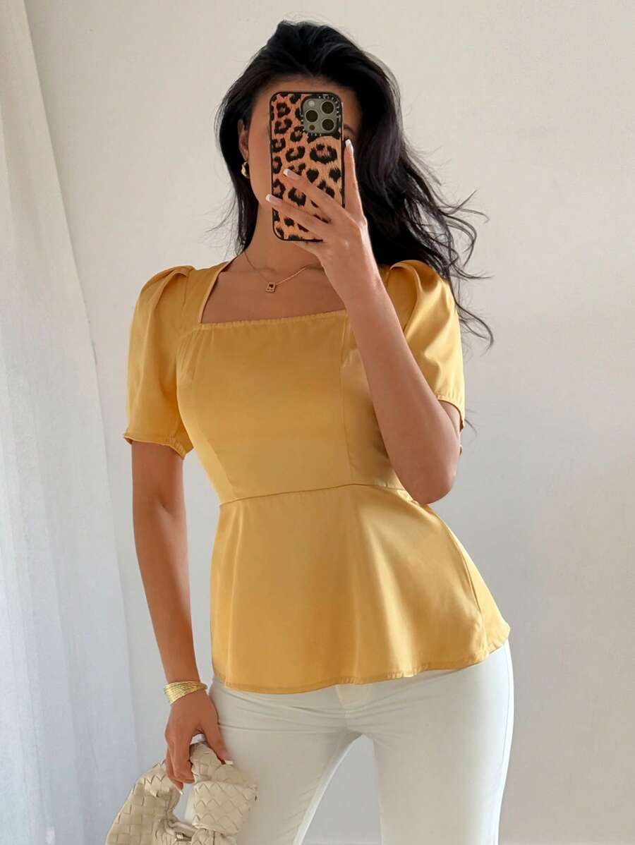 Elenzga Damska satynowa bluzka w jednolitym kolorze z kwadratowym kołnierzykiem i bufiastymi rękawami