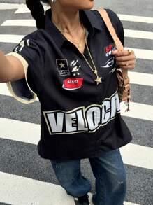 SHEIN Teen Girl Contrasting Color Letter Graphic Loose Fit Turn-Down Collar Short Sleeve Shirt