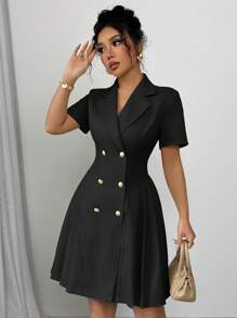 Elenzga 女士法式通勤优雅 V 领双排扣腰褶 A 字短袖迷你连衣裙，适合春夏季 - 黑色 - 查看 4