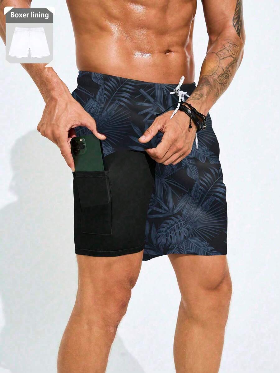 Manfinity KASUA 男士前系带全印花简约沙滩短裤，休闲度假，夏威夷风 - 彩色 - 查看 1