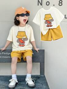 SHEIN Little Byeori 2 件/套年轻男孩舒适日常百搭休闲可爱宽松日韩风动物熊图案刺绣圆领短袖 T 恤针织上衣和黄色华夫格短裤套装，适合春夏季节、日常生活、运动、校园、聚会、节日、演出、摄影、返校季 - 黃色 - 查看 6
