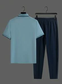 Manfinity Homme 2件套男士撞色短袖Polo衫和裤子套装男士休闲装男士夏季服装男士T恤套装 - 藍色 - 查看 2
