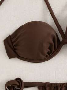 Swim Vcay Set de 2 piezas de bikini con top de cuello de halter con relleno suave y extraíble, con marco de acero sólido de color marrón, simple y sexy para vacaciones - Marrón - Ver 3