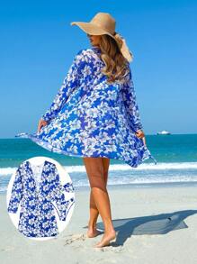 SHEIN Swim 多件套随机印花吊带背心装饰网眼罩衫，休闲假日泳装套装 - 彩色 - 查看 2
