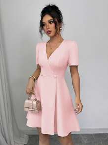 Elenzga Women's Solid Color Elegant French Style Commute Crossed V-Neck Double-Breasted Decorative Big Hem A-Line Short Sleeve Mini Dress, Spring/Summer - Pink - View 7