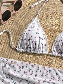 SHEIN Swim Set de 3 piezas Traje de baño con falda, estilo deportivo y juvenil, con malla con volantes y diseño floral diminuto para mujer - Rosa - Ver 8