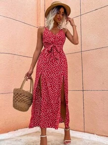 Breezaya Allover Print Slit Hem Belted Cami Dress Maxi Vacation Beach Outfits Women - Red - View 5