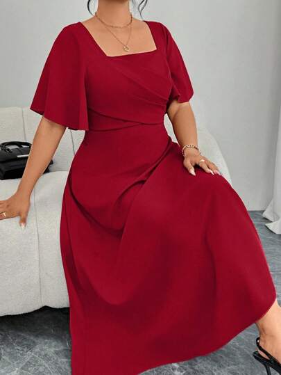 Modelyn Plus Size Red Knit Short Sleeve Empire Waist A-Line Dress