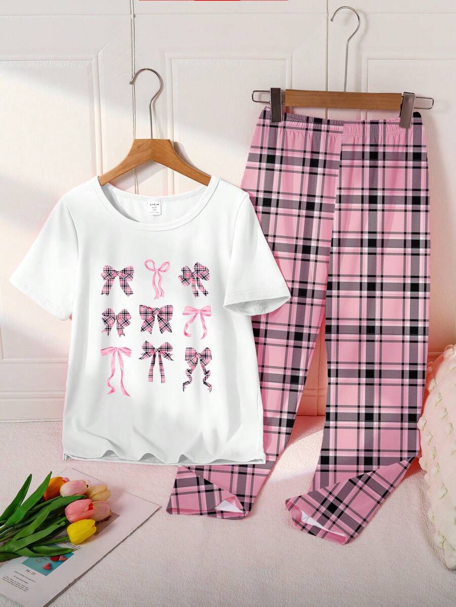 SHEIN Tween Girls 2pcs Pajama Set - Butterfly Print Front Panel Design T-Shirt, Pink Plaid Soft Casual Comfy Lounge Pants, Summer - Multicolor - View 1