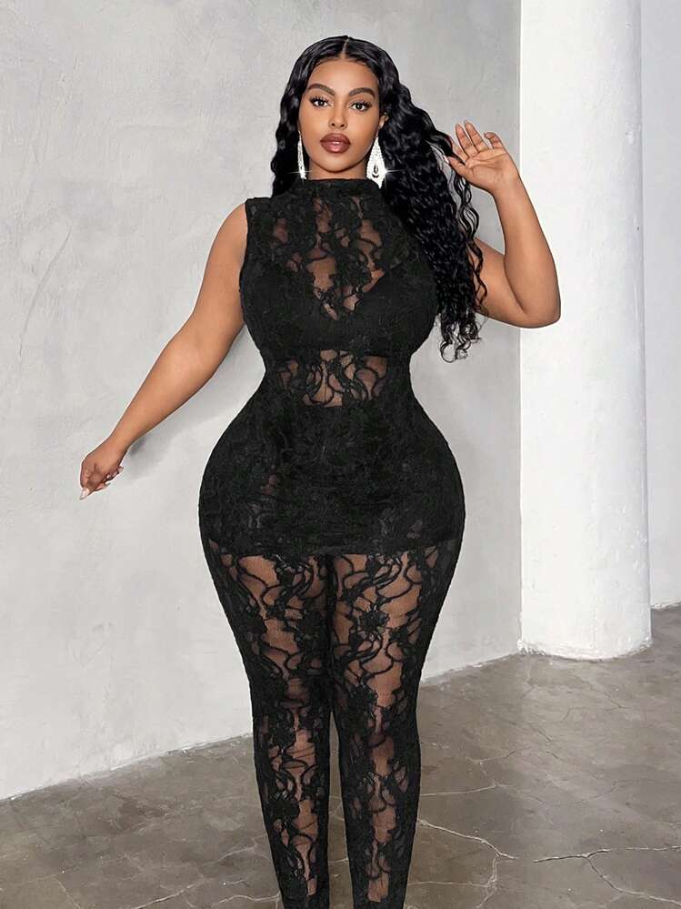 Maweii Plus Size Lace Trim Elegant Black 2 Pieces Set - Black - View 1