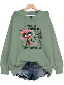 EMERY ROSE Áo nỉ nữ cỡ lớn in hình "Tôi thức dậy mỗi ngày với thái độ tích cực và rồi những kẻ ngốc lại xuất hiện" có dây rút và túi, thích hợp cho lễ tốt nghiệp, tựu trường, giáo viên, áo len mùa thu đông. - Màu xanh Ô liu - Xem 1