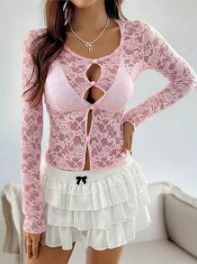 Chiquease Top ajustado para mujer de encaje calado de manga corta - Rosa - Ver 1