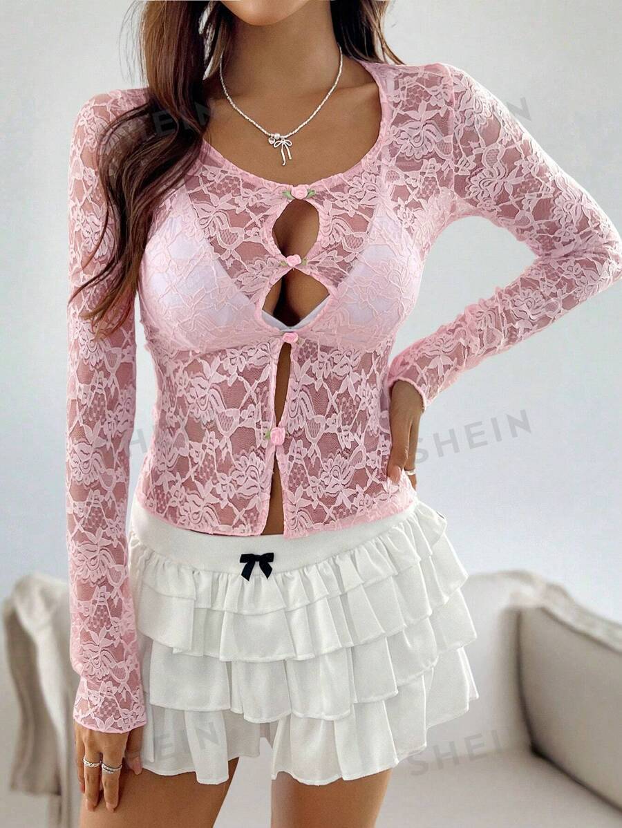 Chiquease Top ajustado para mujer de encaje calado de manga corta - Rosa - Ver 1