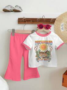 SHEIN Baby Girl Casual Dreamland Stay Wild Beach, Sun & Text Graphic Print Short Sleeve Tee & Pants Set, Suitable For Spring/Summer - Multicolor - View 2