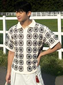 Manfinity CasualKnits 男士花卉图案单排扣休闲钩针镂空宽松针织上衣短袖男士夏季衣服男士衬衫套装 - 彩色 - 查看 7