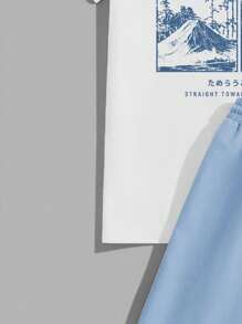 Manfinity ZONE917 Street Style Original Blue Japanese Crane Ukiyo-E Landscape Print White Knit T-Shirt And Shorts Set Men Sets Summer