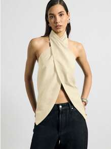 AiiRZ 优雅露背裹身式上衣背心，现代职业无袖夏季派对晚宴特殊场合精致设计 - 奶油色 - 查看 1