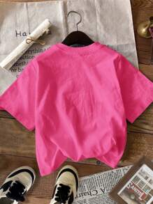 SHEIN Tween Girls' Casual Simple Round Neck Short Sleeve T-Shirt, Suitable For Spring/Summer