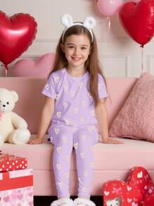 SHEIN Leap Crew 2pcs/Set Young Girl Casual Cartoon Pattern Short Sleeve T-Shirt And Leggings Pajama Set, Suitable For Spring/Summer - White - View 1