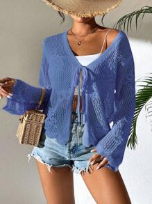 Breezaya Áo khoác cardigan dài tay màu trơn cho nữ, tối giản và thời trang, phù hợp cho mùa hè - Màu xanh lam - Xem 5
