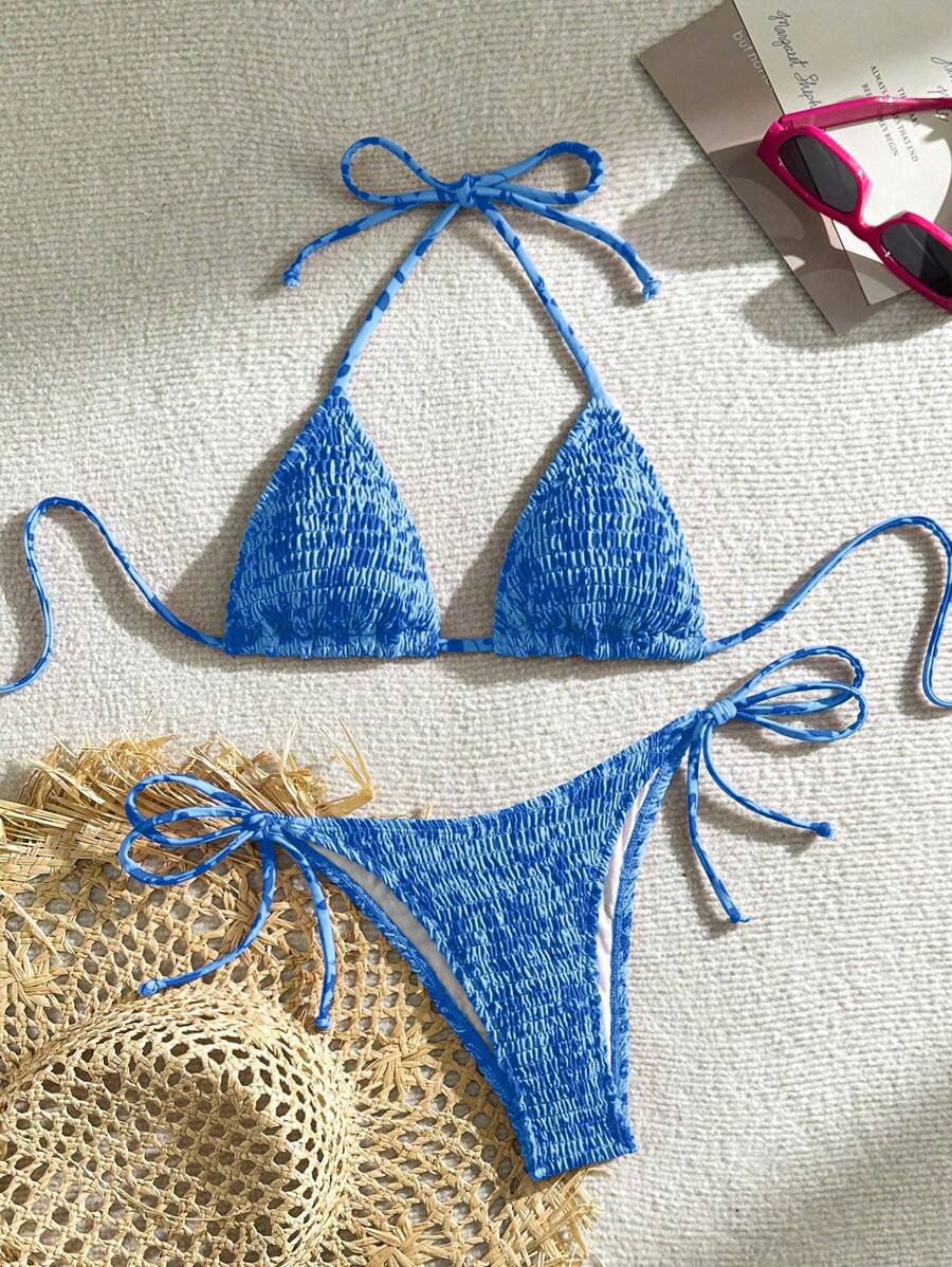 SHEIN Swim 女士露背比基尼两件套泳衣套装，简约时尚，适合夏季 - 寶藍色 - 查看 1