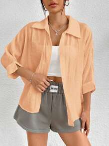 SHEIN PETITE Spring White Solid Batwing Sleeve White Shirt - Pink - View 6