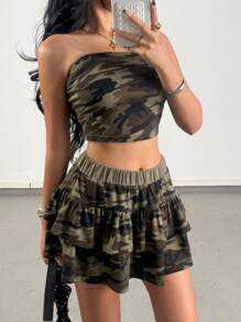 SHEIN Teen Girls Spring/Summer 2pcs/Set Y2K Camo Print Cropped Tube Top And Super Mini Skirt