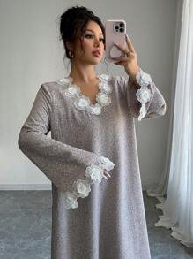 Yasmyna Women's Printed Floral Lace Trim Loose Long Sleeve Arabic Dress,Modest - Multicolor - View 1