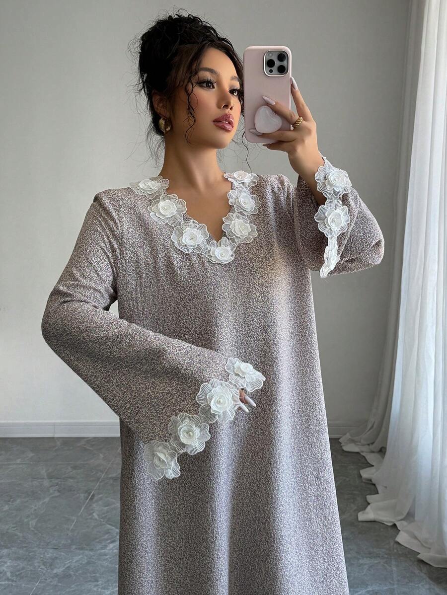 Yasmyna Women's Printed Floral Lace Trim Loose Long Sleeve Arabic Dress,Modest - Multicolor - View 1