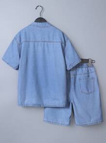 2 Stücke/Set Stylisches Jungen Outfit aus Denim, Kurzarm Hemd & Denim Shorts