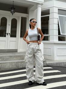 SHEIN Khaki Color Casual Sports Style Loose Pants For Teen Girls - Light Grey - View 4
