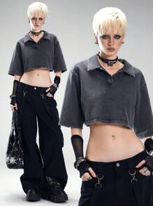 Coolane 女士夏季街头风格演唱会外出短款 Polo 衫 - 黑色 - 查看 3