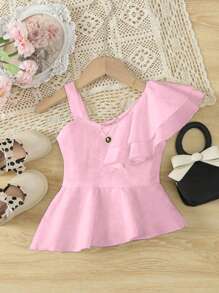 Young Girl's Solid Color Asymmetric Hem Blouse, 3D Ruffle Hem, Spring/Summer - Pink - View 3