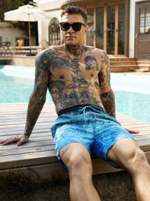 Surfspeed 男士休闲沙滩短裤，简约日常穿着，夏威夷风 - 藍色 - 查看 6