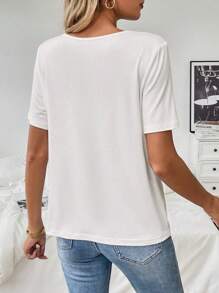 Franclia Camiseta com Aplicações Florais de Mangas Curtas para Verão, Camisetas Gráficas Femininas, Tops Fofos - Branco - Visão 2