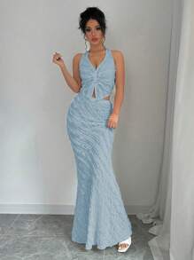Rafferiza 2pcs/Set Women's Sleeveless V-Neck Twist Front Halter Cut-Out Back Fish Tail Dress - Baby Blue - View 4