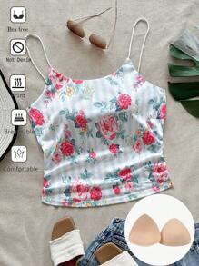 SHEIN VCAY Plus Size Vacation Island Casual Blue & White Striped Floral Print Camisole Tank Top With Built-In Bra Pads Spring Outfits For Women,Summer Outfits For Women Cute Summer Tops,Going Out Tops