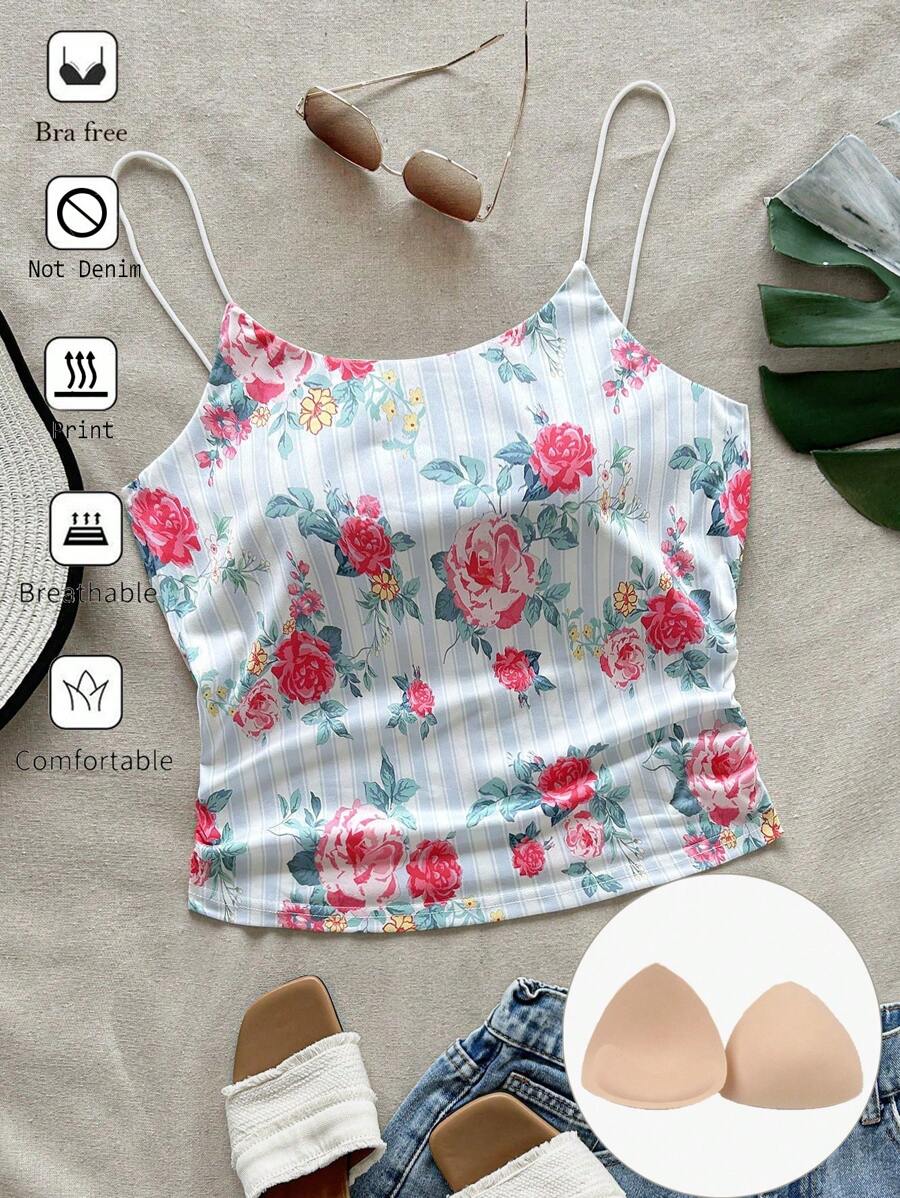 SHEIN VCAY Plus Size Vacation Island Casual Blue & White Striped Floral Print Camisole Tank Top With Built-In Bra Pads Spring Outfits For Women,Summer Outfits For Women Cute Summer Tops,Going Out Tops