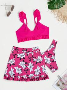 Swim Lushoire 3pcs/Set Women Summer Beach Floral Print Halter Bikini Set With Ruffled Edge + Cover Up + Mini Skirt, Random Print - Hot Pink - View 2