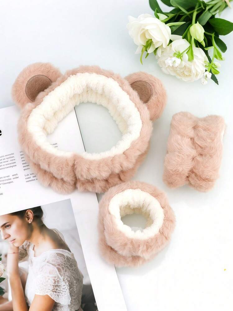 1 件双色耳饰毛绒沐浴头带和 2 件沐浴腕带家居浴室装饰夏季 - 卡其色 - 查看 1