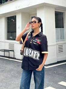 SHEIN Teen Girl Contrasting Color Letter Graphic Loose Fit Turn-Down Collar Short Sleeve Shirt