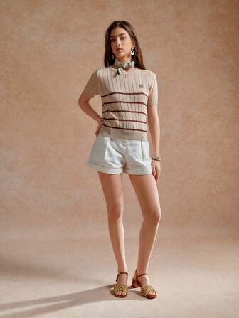 Écloséra 拼色条纹优雅法式系带短袖针织上衣针织套头衫秋冬