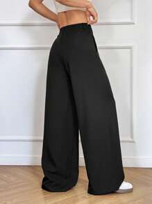 SHEIN EZwear 女士梭织宽腿宽松长裤 - 黑色 - 查看 2