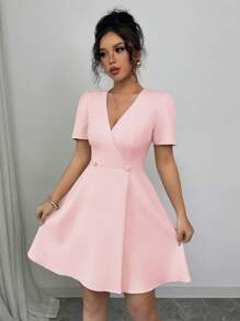 Elenzga Women's Solid Color Elegant French Style Commute Crossed V-Neck Double-Breasted Decorative Big Hem A-Line Short Sleeve Mini Dress, Spring/Summer - Pink - View 3