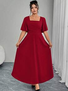 Modelyn Plus Size Red Knit Short Sleeve Empire Waist A-Line Dress - Red - View 6