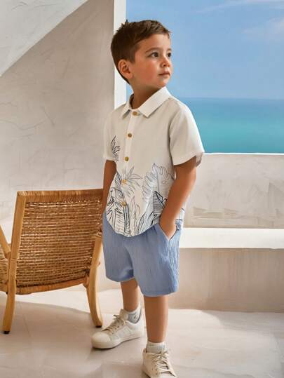 SHEIN Set de 2 piezas de camisa de manga corta con cuello hawaiano y estampado de plantas, y pantalones cortos, estilo casual versátil para niños, adecuado para primavera/verano, uso diario, deportes, salidas, escuela, fiestas, festivales, fotografía, regreso a la escuela, vacaciones, playa