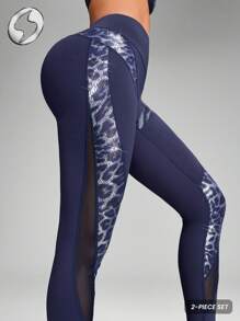 Innovista Women Activewear 2in1 Sets,Foil Print Sports Bra & Leggings Navy Blue,Summer Athleisure Gym 2pieces Workout Outfits,Hollow Out Mesh Yoga Shapewear - Navy Blue - View 7