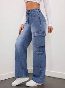SHEIN ICON Women's Loose Casual Versatile Multi-Pocket Straight-Leg Jeans - Dark Wash - View 6