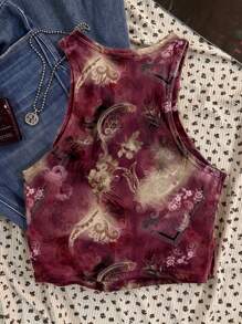 SHEIN EZwear 休闲简约复古波西米亚风图案圆领修身女式背心，适合夏季 - 白色 - 查看 2