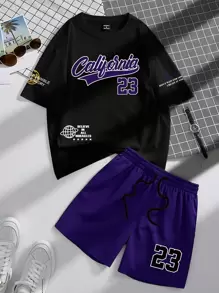 Manfinity Hypemode Men's Letter Print Round Neck Short Sleeve Casual T-Shirt & Drawstring Waist Shorts Set - Multicolor - View 3